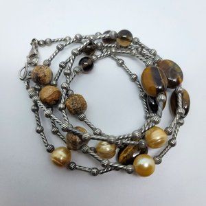 Tiger's Eye, Pearl, Jasper, Quartz & Sterling Necklace